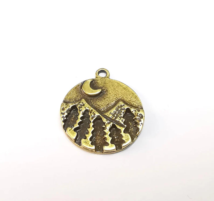 Mountain Tree and Crescent Charms Landscape Tree Moon Charms Pendant Antique Bronze Plated Charms (28x24mm) G29722