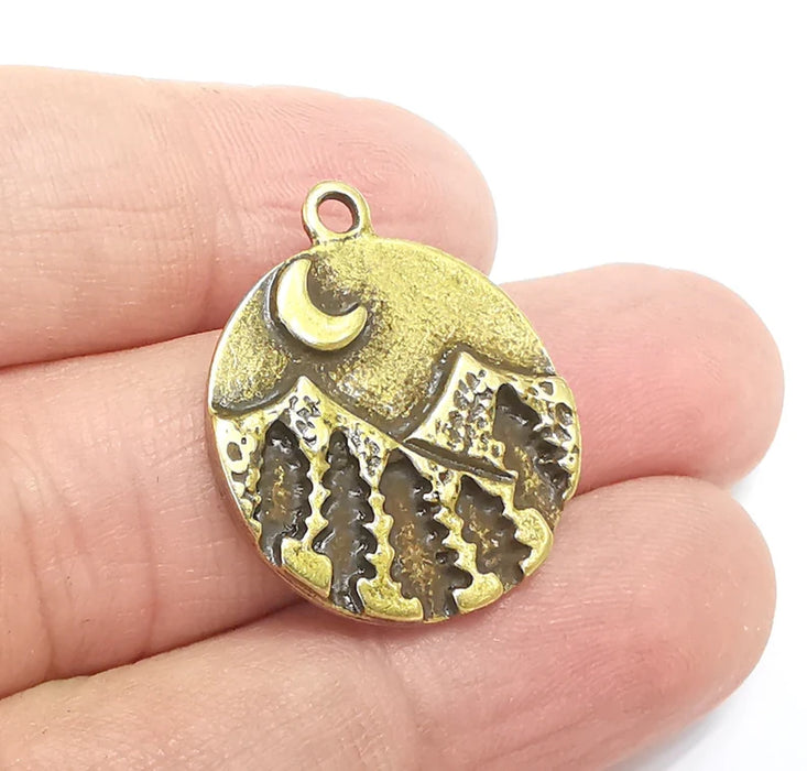 Mountain Tree and Crescent Charms Landscape Tree Moon Charms Pendant Antique Bronze Plated Charms (28x24mm) G29722