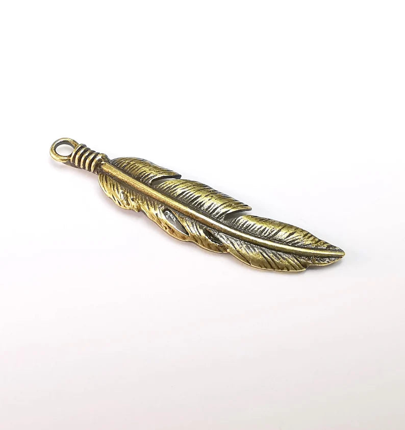 2 Feather Charms, Antique Bronze Plated Charms Leaf Charms (51x11mm) G29723