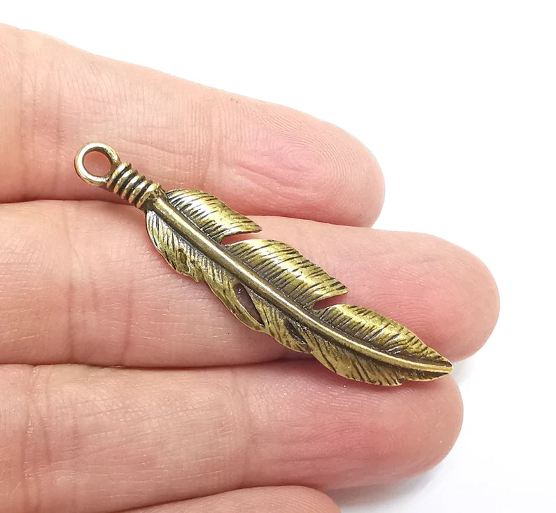 2 Feather Charms, Antique Bronze Plated Charms Leaf Charms (51x11mm) G29723