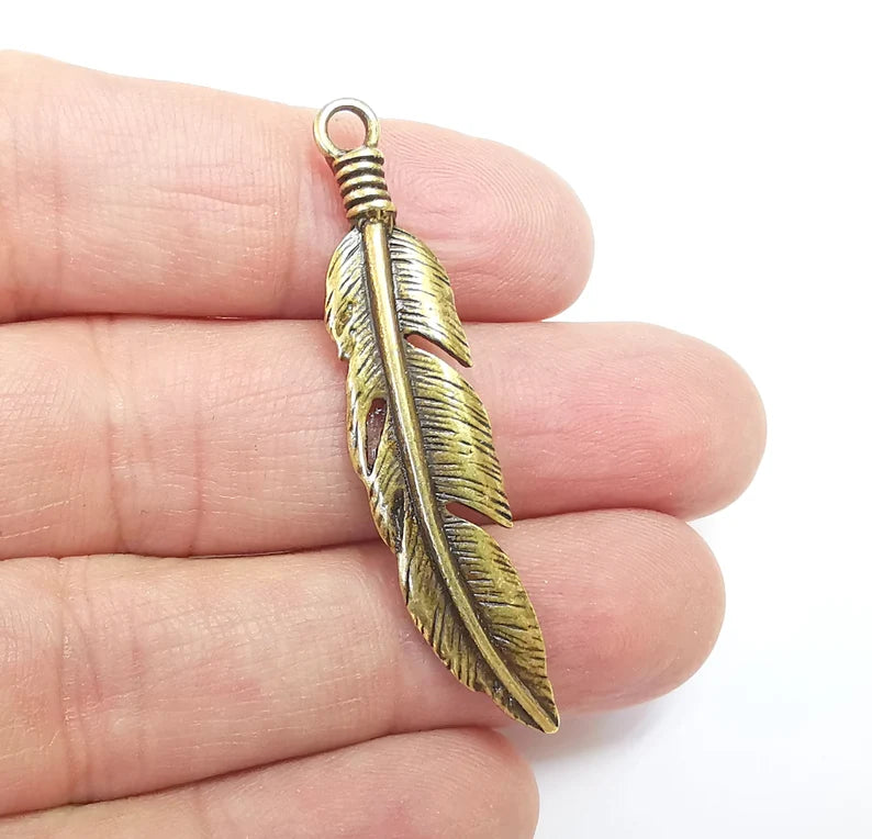 2 Feather Charms, Antique Bronze Plated Charms Leaf Charms (51x11mm) G29723