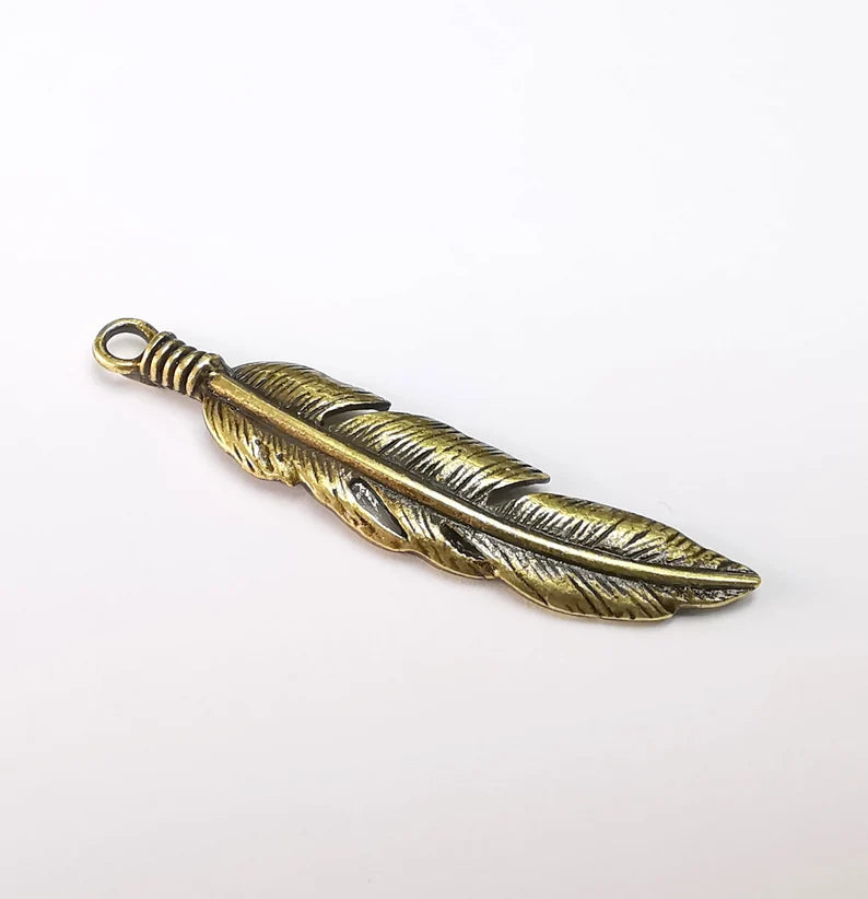 2 Feather Charms, Antique Bronze Plated Charms Leaf Charms (51x11mm) G29723