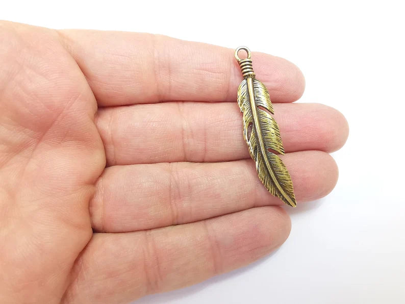 2 Feather Charms, Antique Bronze Plated Charms Leaf Charms (51x11mm) G29723