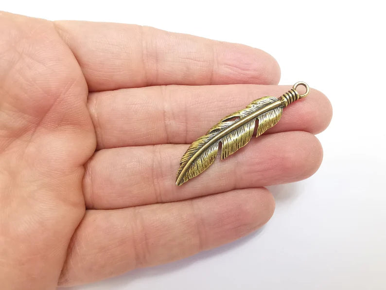2 Feather Charms, Antique Bronze Plated Charms Leaf Charms (51x11mm) G29723