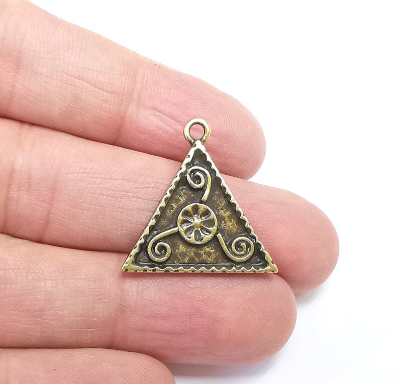 2 Triangle Flower Swirl Charms, Antique Bronze Plated Pendant (25x25mm) G29724