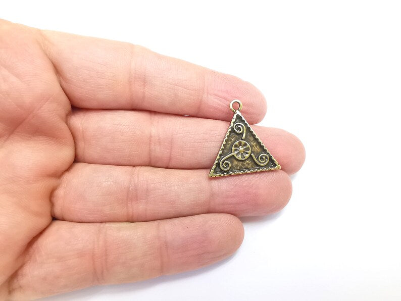 2 Triangle Flower Swirl Charms, Antique Bronze Plated Pendant (25x25mm) G29724