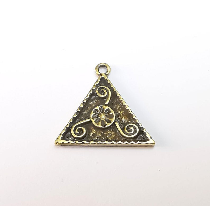 2 Triangle Flower Swirl Charms, Antique Bronze Plated Pendant (25x25mm) G29724