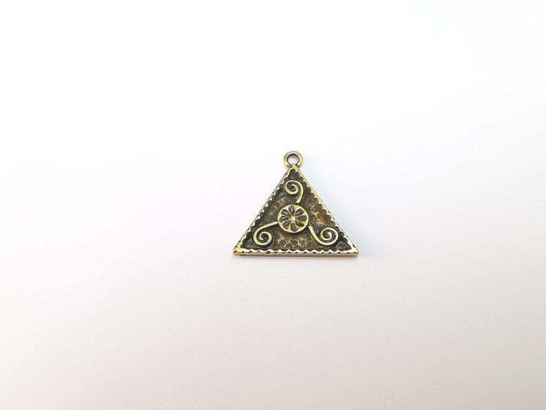 2 Triangle Flower Swirl Charms, Antique Bronze Plated Pendant (25x25mm) G29724