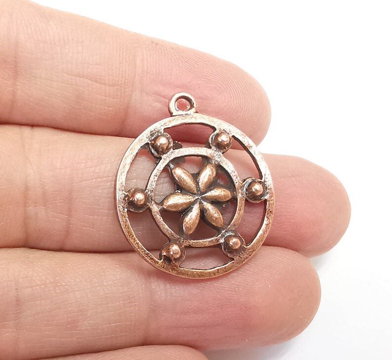 2 Flower Charms, Antique Copper Plated Pendant (30x26mm) G29725