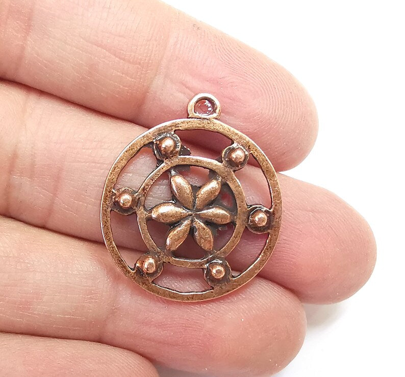2 Flower Charms, Antique Copper Plated Pendant (30x26mm) G29725
