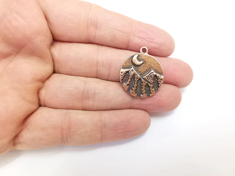 Mountain Tree and Crescent Charms Landscape Tree Moon Charms Pendant Antique Copper Plated Charms (28x24mm) G29726