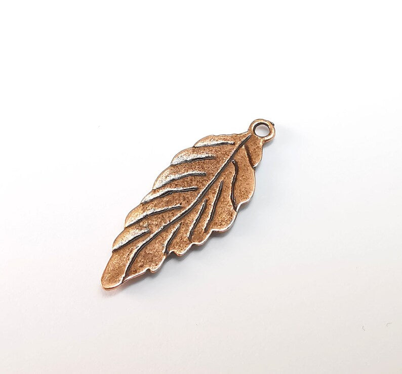 2 Leaf Charms, Antique Copper Plated Leafy Charms (35x15mm) G29729