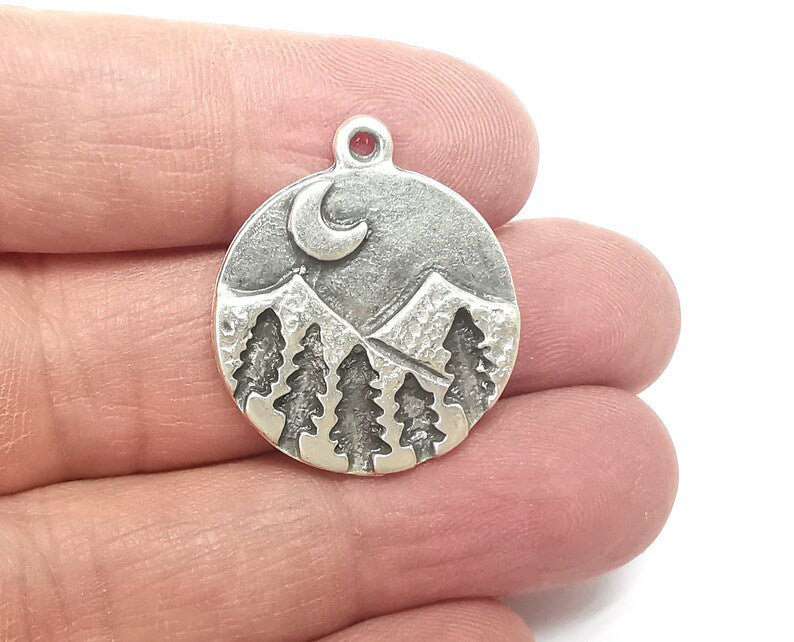 Pine tree, Landscape Mountain Charms, Antique Silver Plated Charms (29x25mm) G29734