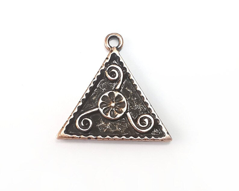 2 Triangle Flower Swirl Charms, Antique Copper Plated Pendant (25x25mm) G29744