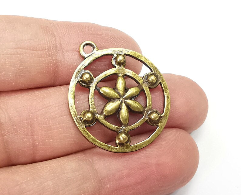 2 Flower Round Charms, Antique Bronze Plated Charms (30x26mm) G29751