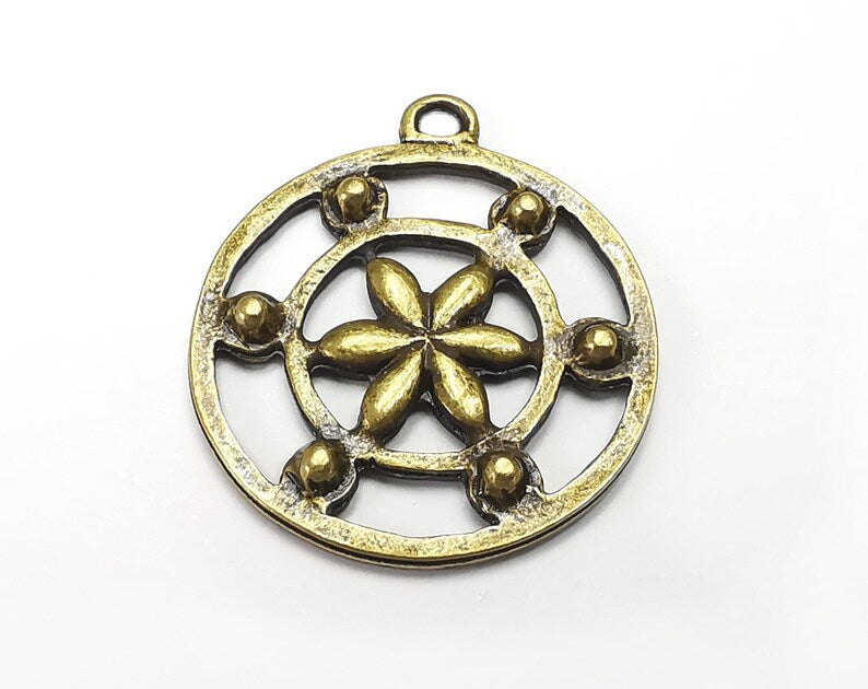 2 Flower Round Charms, Antique Bronze Plated Charms (30x26mm) G29751