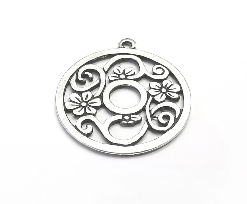 2 Flowers Branch Round Charms Pendant Antique Silver Plated Charms (29x25mm) G29761