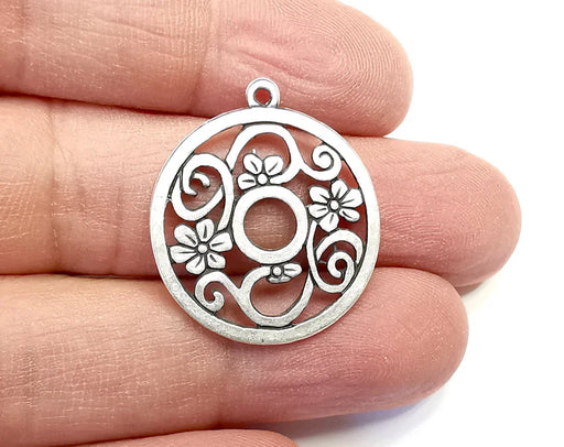 2 Flowers Branch Round Charms Pendant Antique Silver Plated Charms (29x25mm) G29761