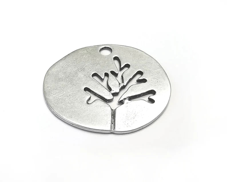 Tree Leaf Round Charms Pendant Antique Silver Plated Charms (38mm) G29764