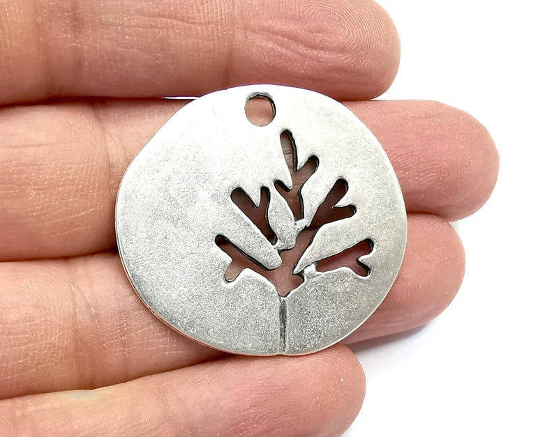 Tree Leaf Round Charms Pendant Antique Silver Plated Charms (38mm) G29764