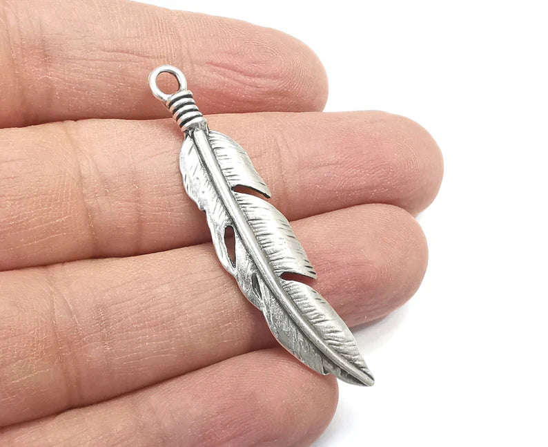 2 Feather Charms Pendant Antique Silver Plated Charms (52x11mm) G29765