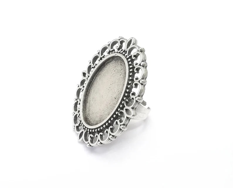 Silver Ring Setting Blank Cabochon Base Ring Mounting Adjustable Ring Base Bezel Antique Silver Plated (25x18mm) G29777