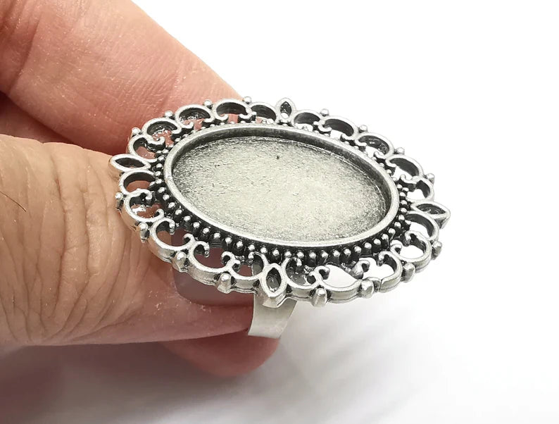 Silver Ring Setting Blank Cabochon Base Ring Mounting Adjustable Ring Base Bezel Antique Silver Plated (25x18mm) G29777