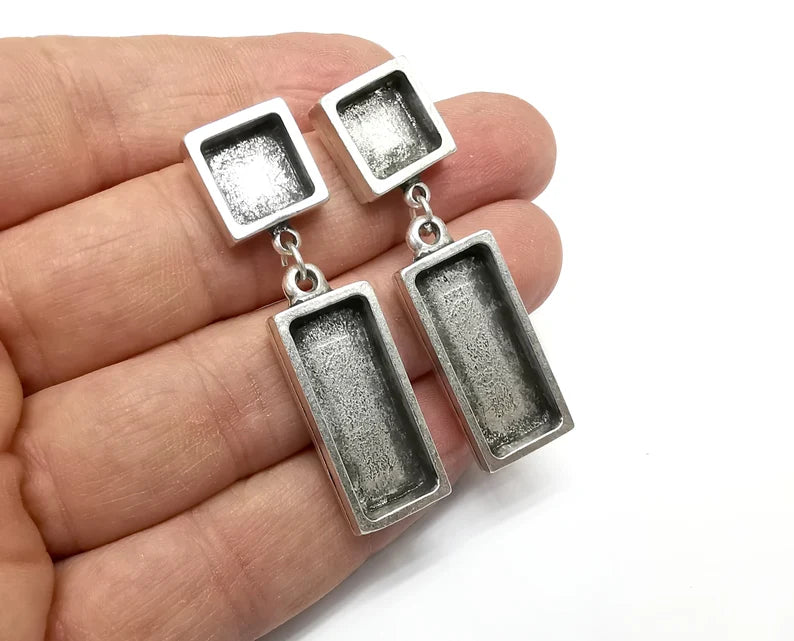 Square, Rectangle Dangle Stud Silver Earring Set Base Blank Bezel Antique Silver Plated Earring Base (10 - 25x10mm) G29778