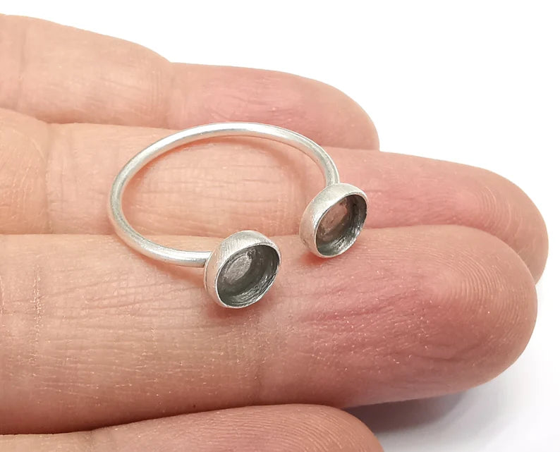 2 Blank Ring Setting Cabochon Mounting Adjustable Resin Ring Base Bezel Mosaic Ring, Antique Silver Plated Brass (6 mm) G29783