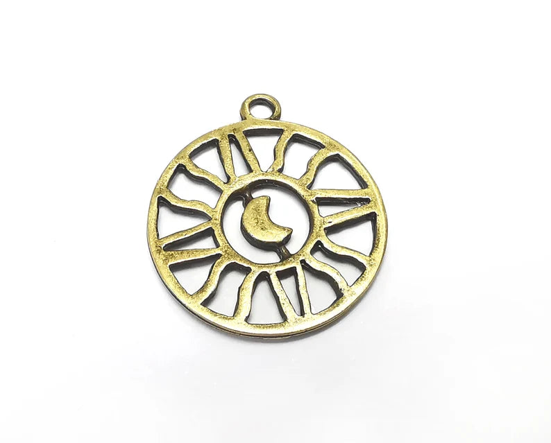 2 Ethnic Sun Crescent Charms Antique Bronze Plated Charms (30x25mm) G29784
