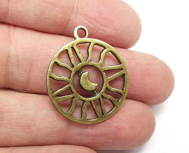 2 Ethnic Sun Crescent Charms Antique Bronze Plated Charms (30x25mm) G29784