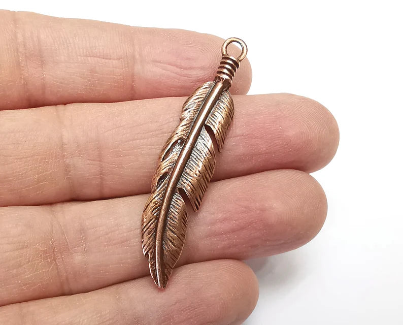 2 Feather Charms Pendant Antique Copper Plated Charms (52x11mm) G29786