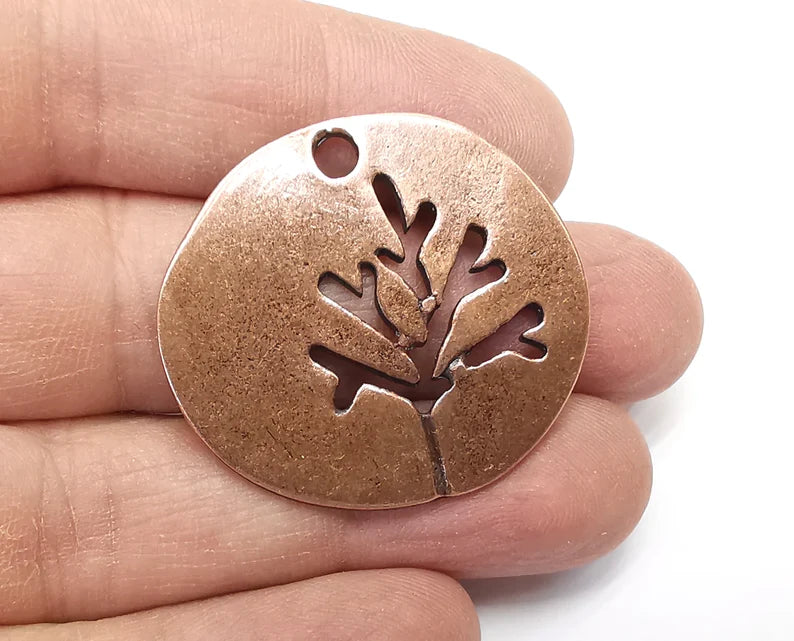Tree Leaf Round Charms Pendant Antique Copper Plated Charms (38mm) G29789
