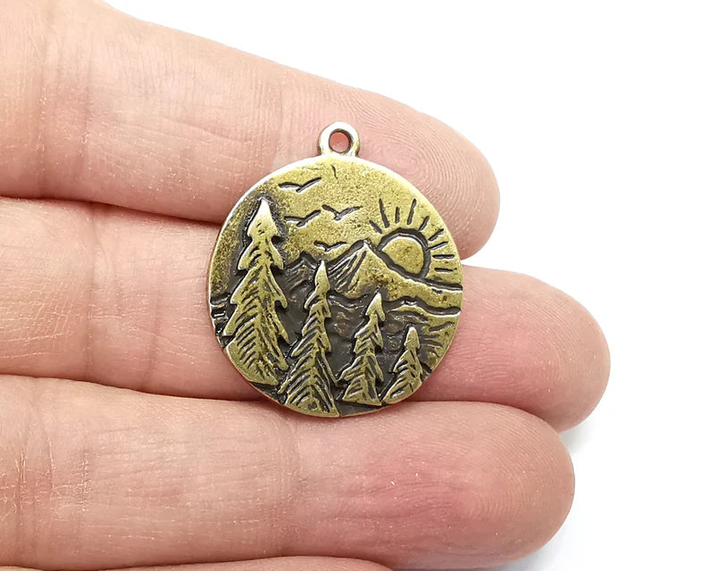 Sun Mountain Tree Landscape Charms Pendant Antique Bronze Plated Charms (30x26mm) G29791