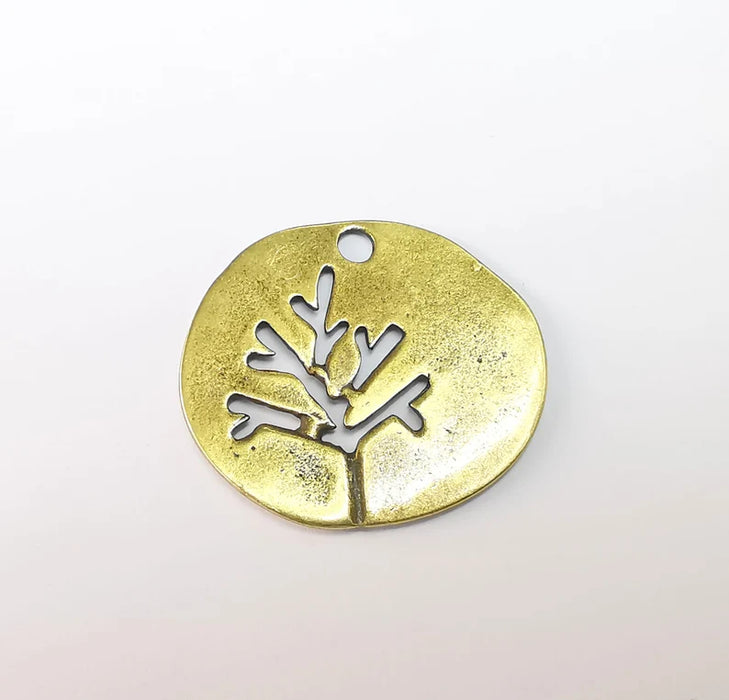 Tree Leaf Round Charms Pendant Antique Bronze Plated Charms (38mm) G29794