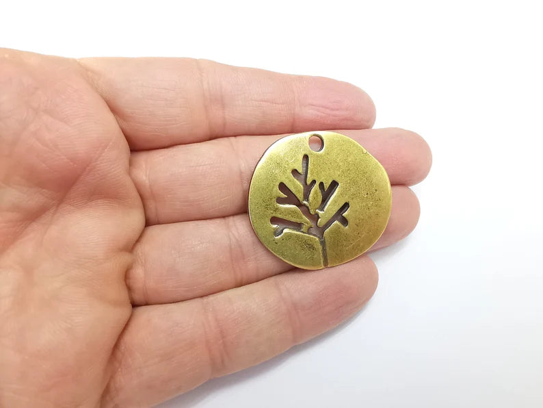 Tree Leaf Round Charms Pendant Antique Bronze Plated Charms (38mm) G29794