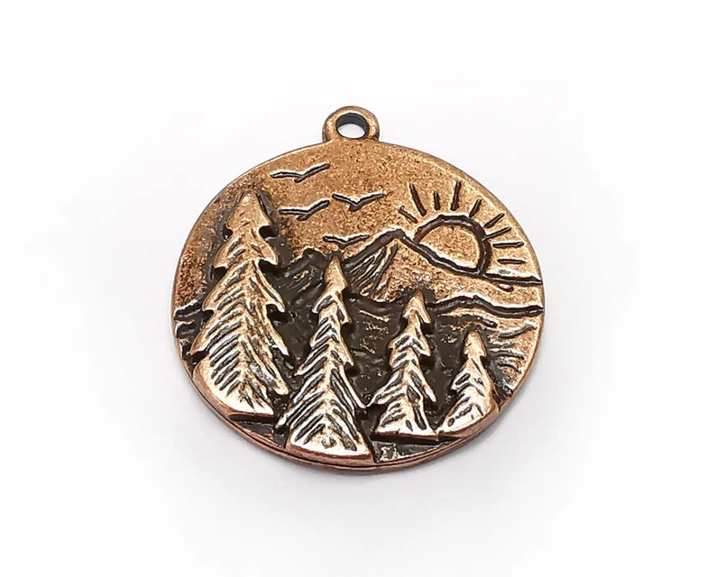 Sun Mountain Tree Landscape Charms Pendant Antique Copper Plated Charms (30x26mm) G29799