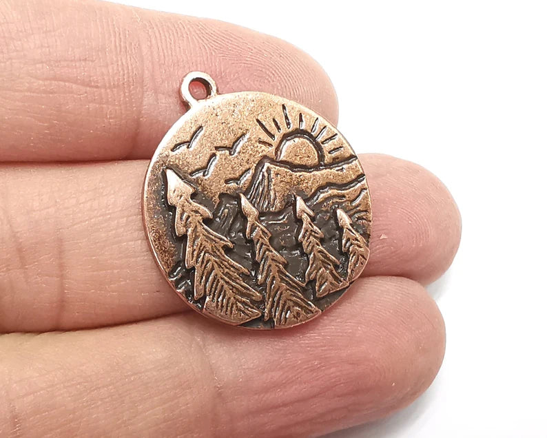 Sun Mountain Tree Landscape Charms Pendant Antique Copper Plated Charms (30x26mm) G29799