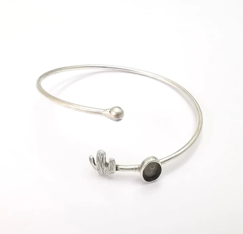 Cactus Bracelet Bezel Blank Resin Bezel Cabochon Cuff Base Settings Adjustable Bracelet Antique Silver Plated Brass (9x6mm Bezel) G29903