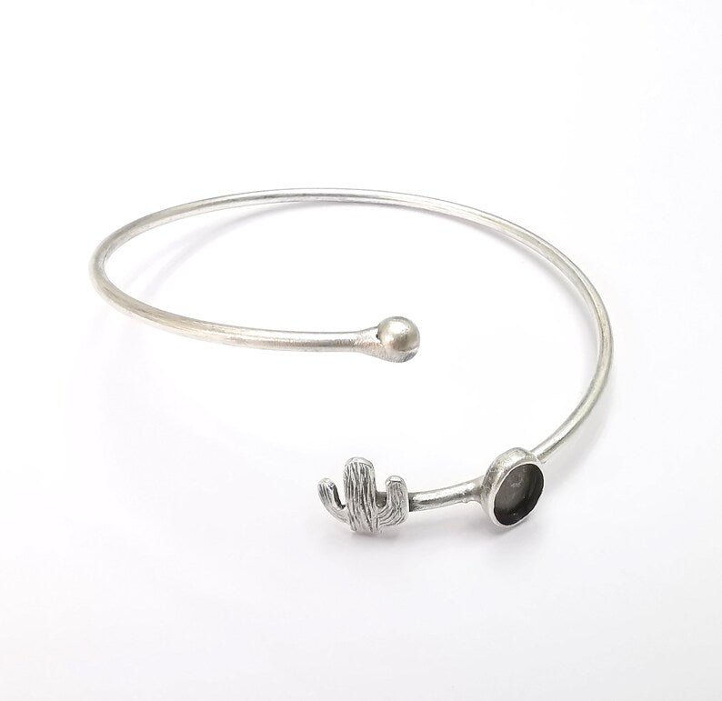 Cactus Bracelet Bezel Blank Resin Bezel Cabochon Cuff Base Settings Adjustable Bracelet Antique Silver Plated Brass (9x6mm Bezel) G29903