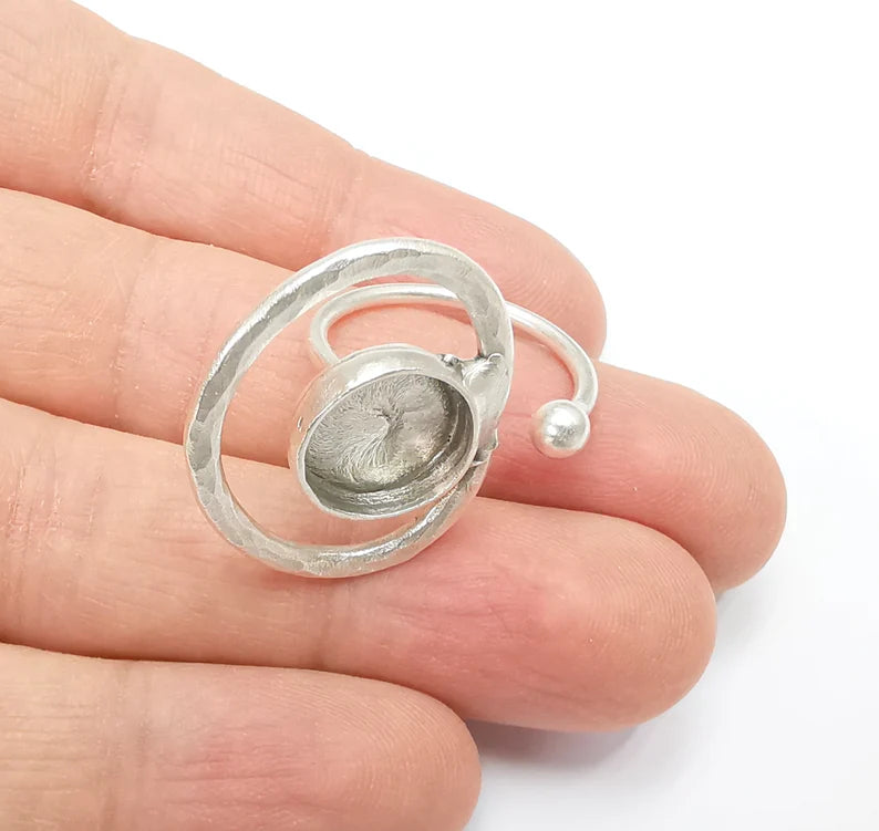 Ring Blank Setting, Cabochon Mounting, Adjustable Resin Ring Base Bezels, Antique Silver Plated (12mm) G29904