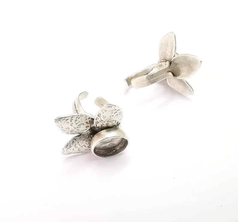 Leafy Ring Blank Setting, Cabochon Mounting, Adjustable Resin Ring Base Bezels, Antique Silver Plated (12mm) G29905