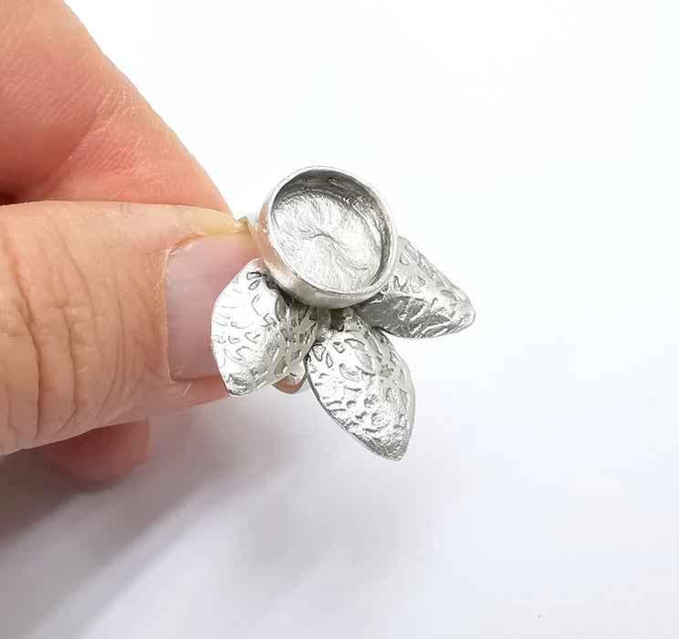 Leafy Ring Blank Setting, Cabochon Mounting, Adjustable Resin Ring Base Bezels, Antique Silver Plated (12mm) G29905