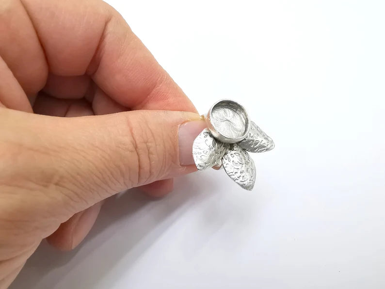 Leafy Ring Blank Setting, Cabochon Mounting, Adjustable Resin Ring Base Bezels, Antique Silver Plated (12mm) G29905