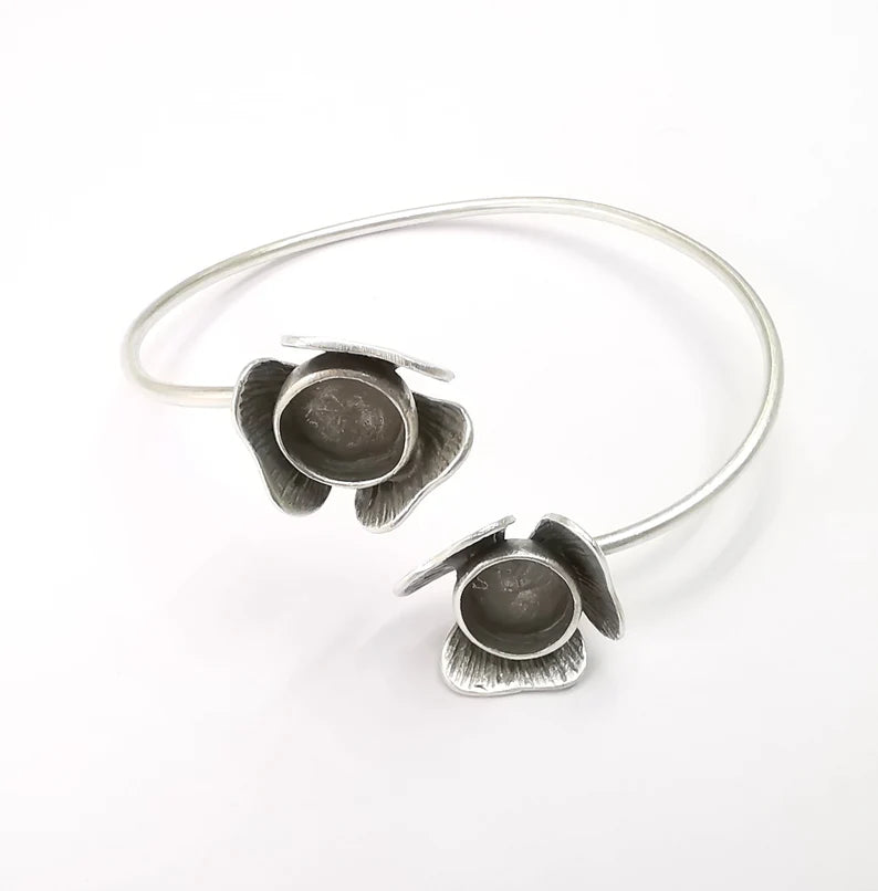 Flower Bracelet Bezel Blank Resin Bezel Cabochon Cuff Base Adjustable Antique Silver Plated Brass (12mm Bezel) G29906