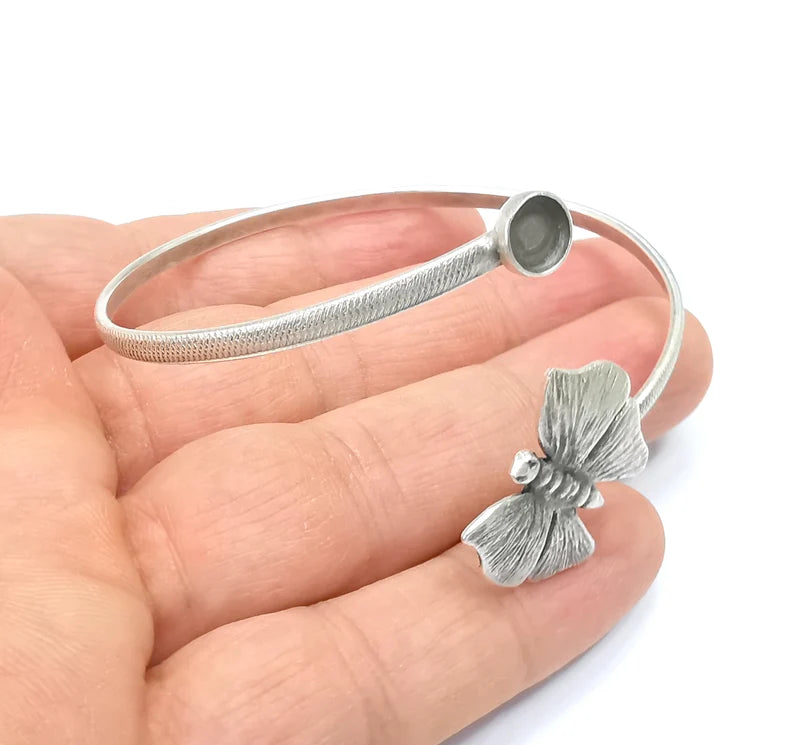 Butterfly Bracelet Bezel Blank Resin Bezel Cabochon Cuff Base Adjustable Antique Silver Plated Brass (6mm Bezel) G29909