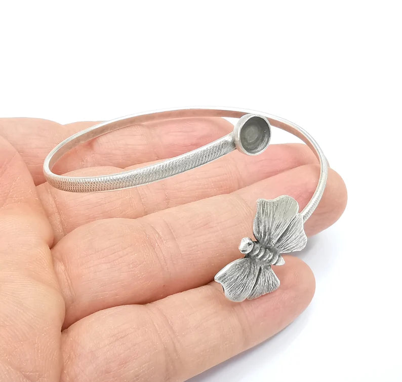 Butterfly Bracelet Bezel Blank Resin Bezel Cabochon Cuff Base Adjustable Antique Silver Plated Brass (6mm Bezel) G29909
