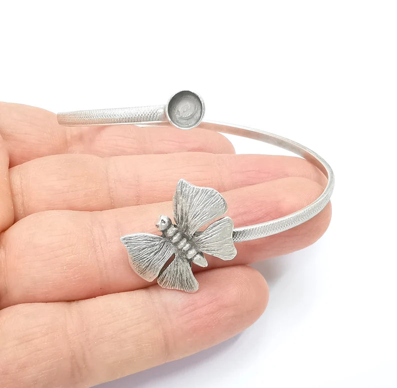 Butterfly Bracelet Bezel Blank Resin Bezel Cabochon Cuff Base Adjustable Antique Silver Plated Brass (6mm Bezel) G29909