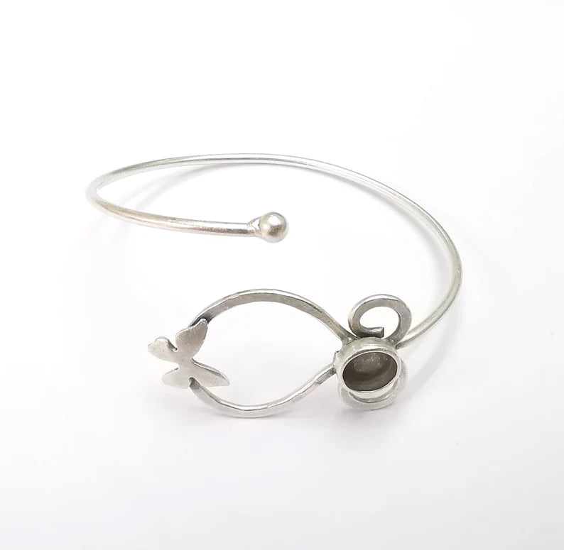 Butterfly Bracelet Bezel Blank Resin Bezel Cabochon Cuff Base Adjustable Antique Silver Plated Brass (6mm Bezel) G29910