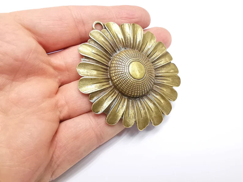 Sunflower Flower Pendant, Antique Bronze Plated Pendant (69x65mm) G33028